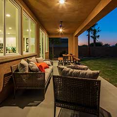 Residence 1 rear patio at dusk.